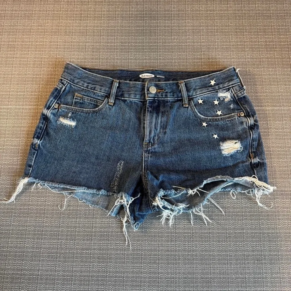 Old Navy Boyfriend blue denim shorts with star embroidery